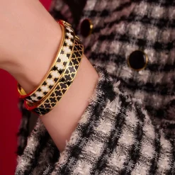 Agama Black, Cream Gold Hinged Enamel Bangle | Halcyon Days