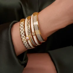Skinny Cabochon Pearl Cream & Gold Bangle | Halcyon Days