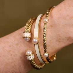 Skinny Cabochon Pearl Cream & Gold Bangle | Halcyon Days