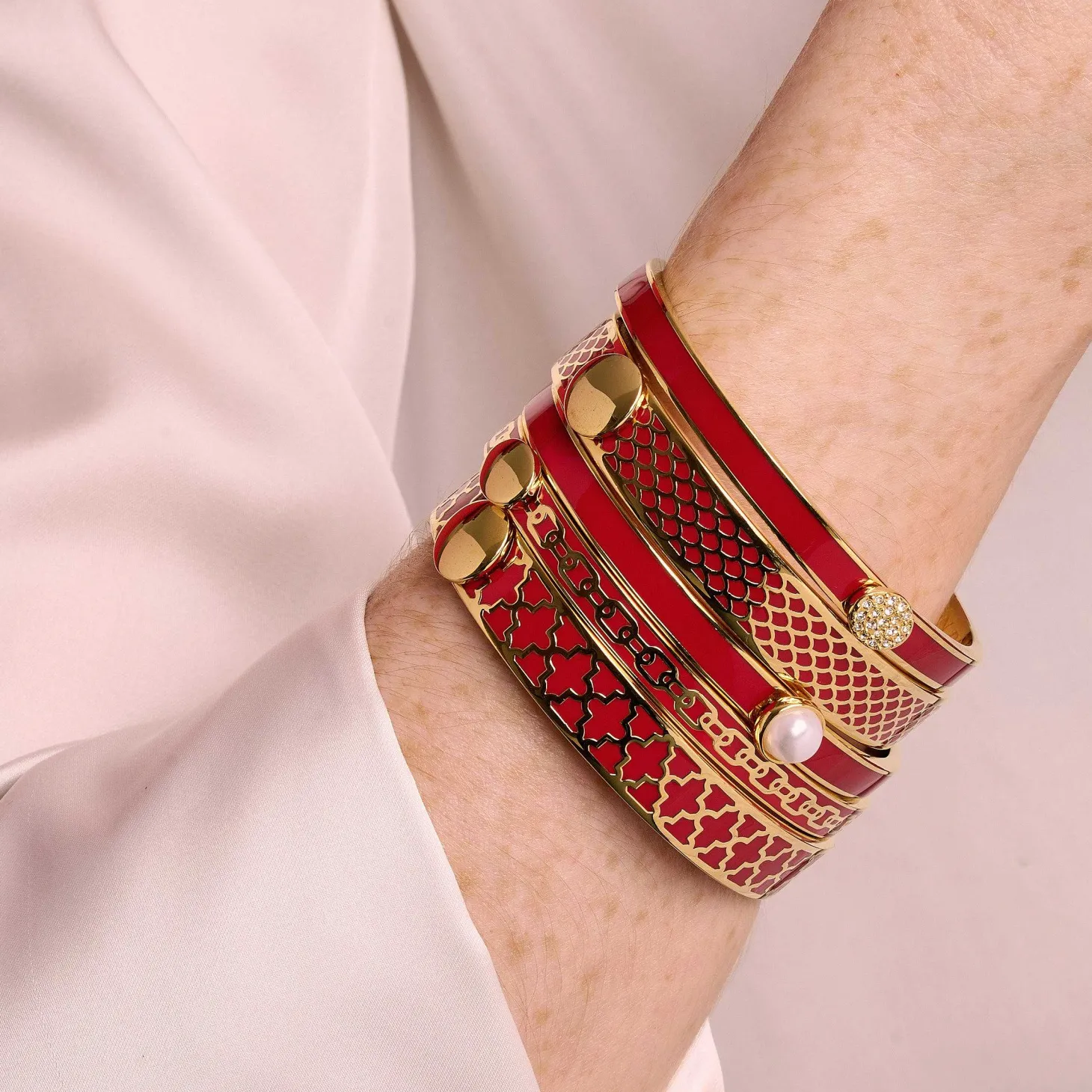 Skinny Chain Red & Gold Hinged Enamel Bangle | Halcyon Days